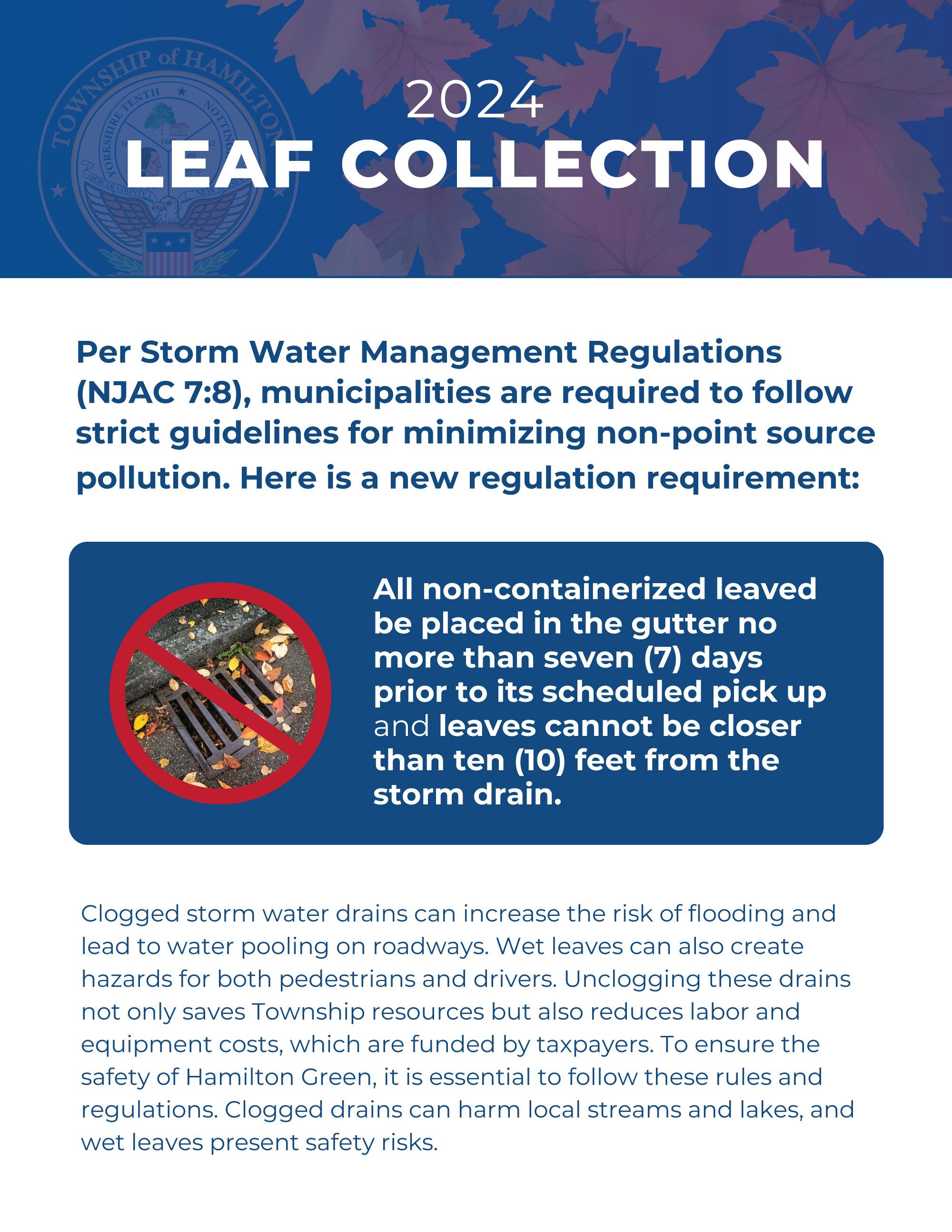 Flyer with storm water management regulations related to leaf collection