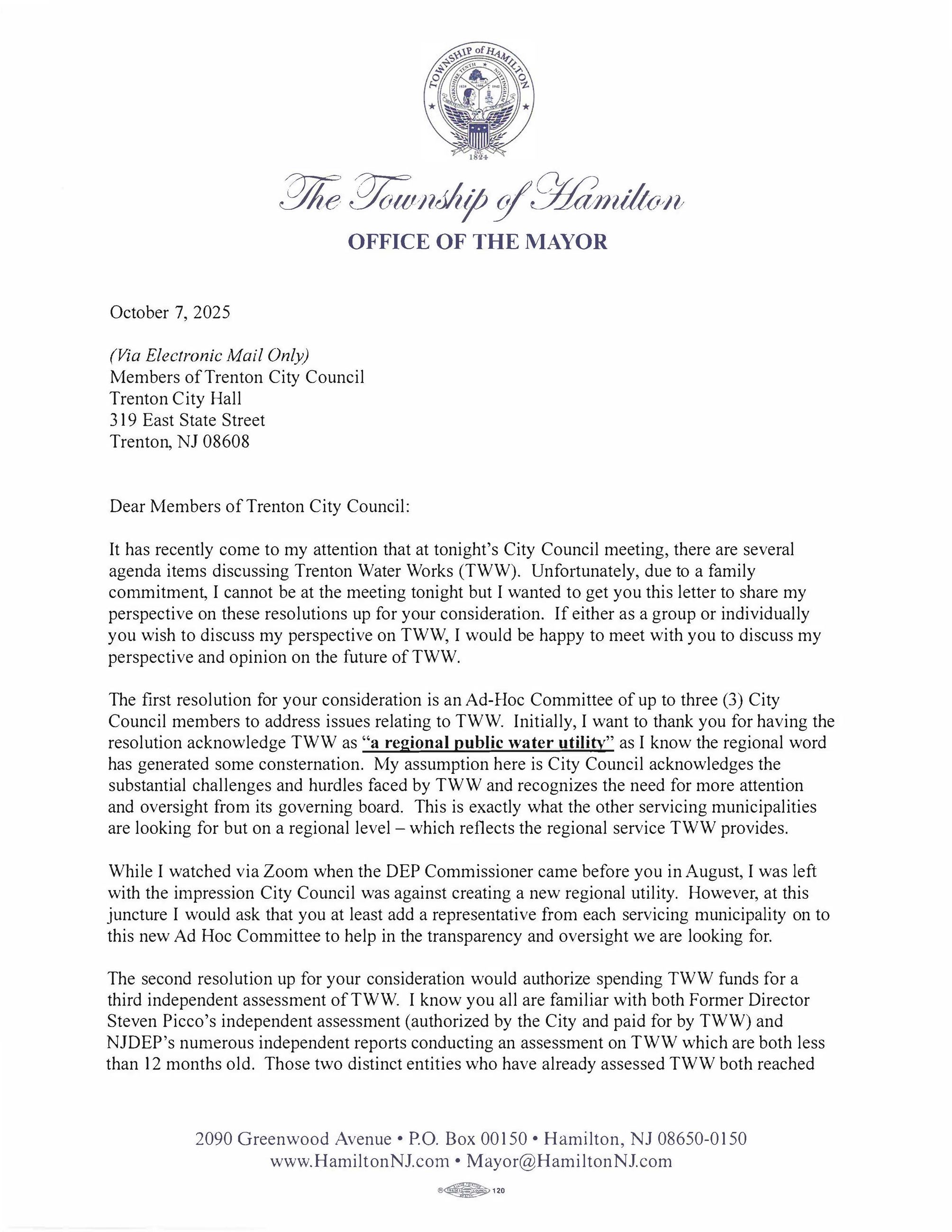 Page 1 of Mayor Martin Letter to Trenton City Council on October 7 2025